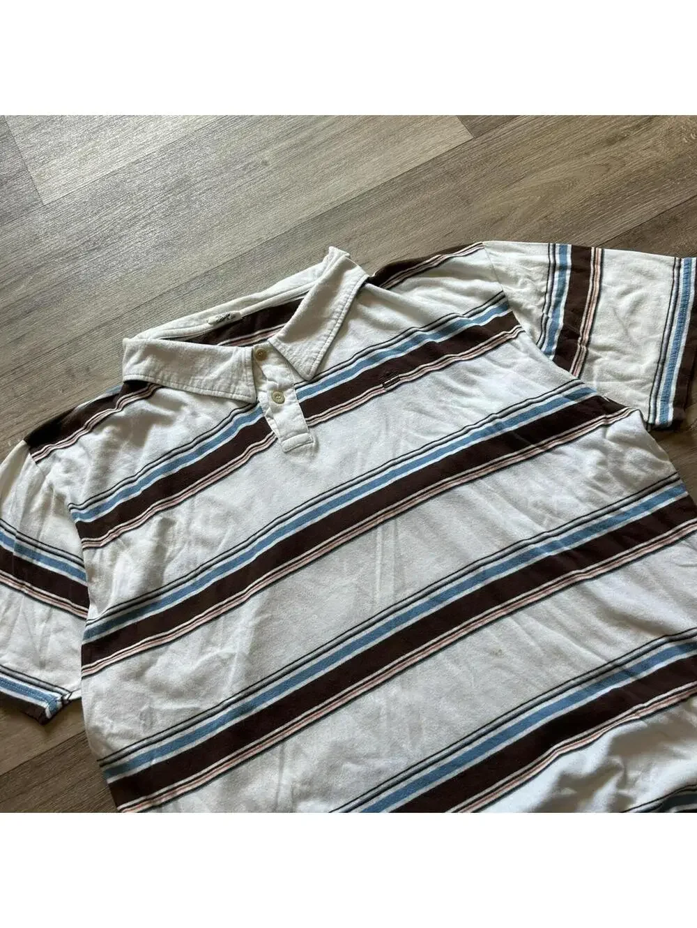 Vintage y2k Brown Blue Machine striped polo‎ shirt Size XXL